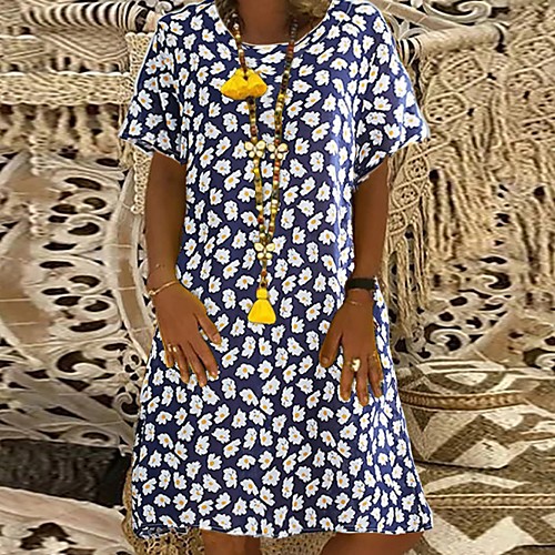 

Women's A-Line Dress Knee Length Dress - Short Sleeves Floral Summer Casual 2020 Yellow Green Navy Blue M L XL XXL
