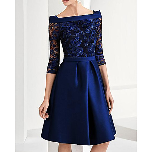 

A-Line Mother of the Bride Dress Elegant Off Shoulder Knee Length Satin 3/4 Length Sleeve with Pleats Appliques 2020