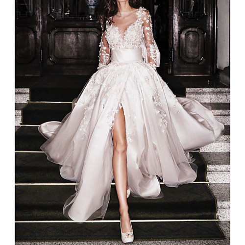 

A-Line Wedding Dresses Jewel Neck Court Train Floor Length Lace Satin Tulle Long Sleeve Formal Sexy Illusion Sleeve with Embroidery Split Front 2020