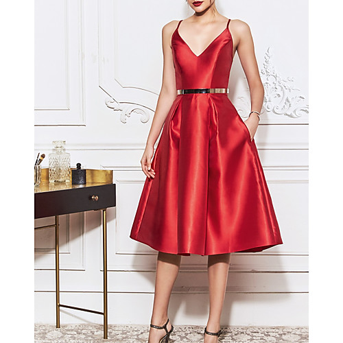 

A-Line Elegant Beautiful Back Engagement Prom Dress V Neck Sleeveless Tea Length Satin with Sash / Ribbon 2020