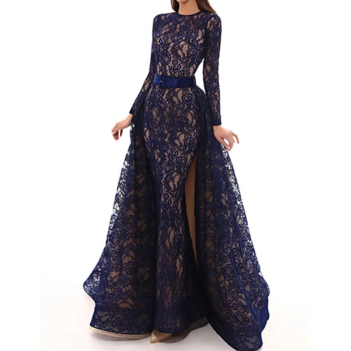 

A-Line Elegant Floral Engagement Formal Evening Dress Jewel Neck Long Sleeve Sweep / Brush Train Lace with Sash / Ribbon Split Embroidery 2021