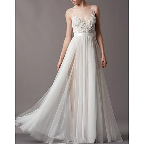 

A-Line Wedding Dresses Jewel Neck Sweep / Brush Train Lace Tulle Sleeveless Beach Sexy See-Through Backless with Sashes / Ribbons Appliques 2020