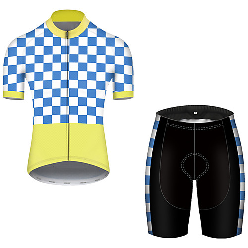 

21Grams Men's Short Sleeve Cycling Jersey with Shorts Nylon Polyester BlueYellow Plaid Checkered Patchwork Bike Clothing Suit Breathable 3D Pad Quick Dry Ultraviolet Resistant Reflective Strips