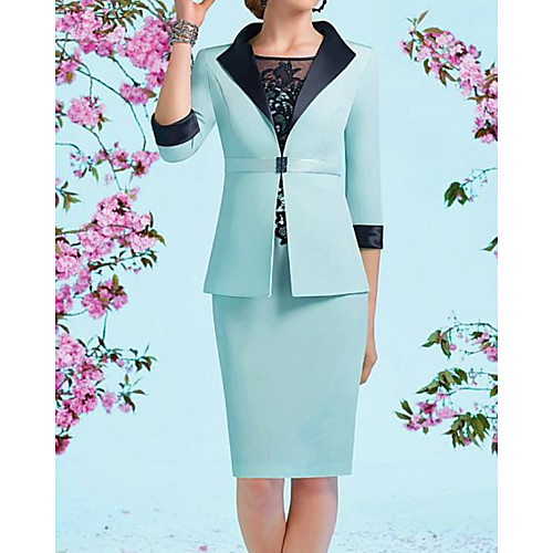 

Two Piece Sheath / Column Mother of the Bride Dress Elegant Illusion Neck Jewel Neck Knee Length Lace Satin 3/4 Length Sleeve with Appliques Color Block 2020