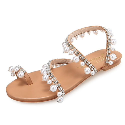 

Women's Flats Summer Flat Heel Open Toe Sweet Minimalism Daily Beach Rhinestone / Imitation Pearl Solid Colored PU Brown