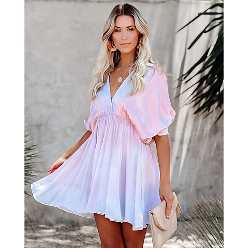 

Women's A Line Dress Short Mini Dress Blushing Pink Half Sleeve Tie Dye Summer V Neck Hot Casual 2021 S M L XL