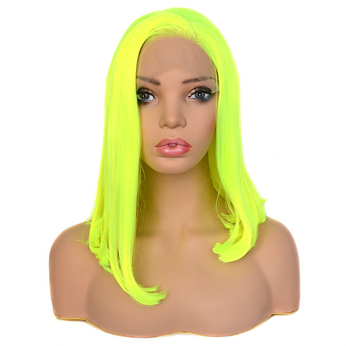 

Vogue Queen Bright Yellow Green 14 Inch Straight Heat Resistant Fiber Synthetic Lace Front Wig Cosplay For Women