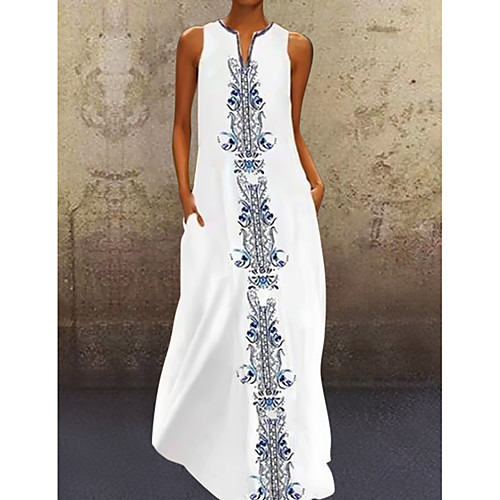 

Women's Shirt Dress Maxi long Dress White Yellow Blushing Pink Sleeveless Print V Neck Hot S M L XL XXL 3XL 4XL 5XL