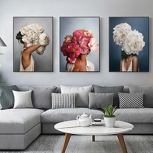 

Flowers Feathers Woman Abstract Canvas Painting Wall Art Print Poster Picture Decorative Painting Living Room Home Decoration
