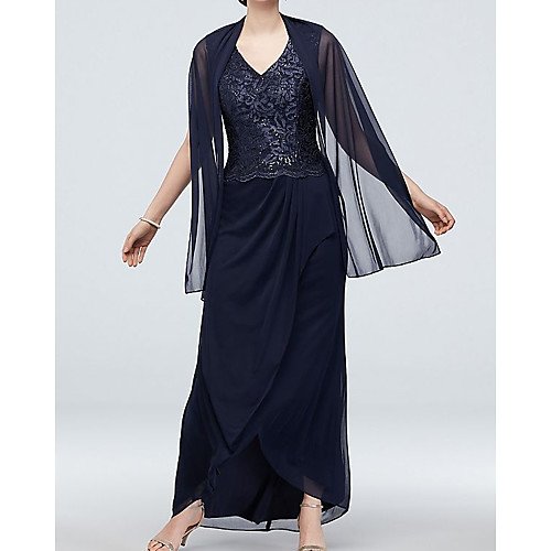 

Two Piece Sheath / Column Mother of the Bride Dress Elegant V Neck Floor Length Chiffon Lace Sleeveless with Beading Embroidery 2020