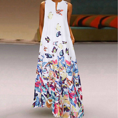 

Women's A-Line Dress Maxi long Dress - Sleeveless Floral Summer Casual Chinoiserie 2020 White Blue Yellow Blushing Pink S M L XL XXL XXXL XXXXL XXXXXL