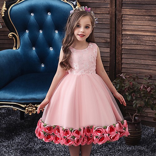 

Princess / Ball Gown Knee Length Party / Wedding Flower Girl Dresses - Tulle Sleeveless Jewel Neck with Bow(s) / Pattern / Print / Flower