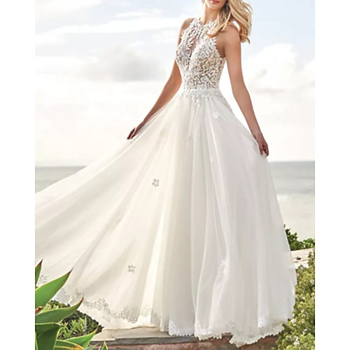 

A-Line Wedding Dresses Jewel Neck Sweep / Brush Train Lace Satin Tulle Sleeveless Beach with Appliques 2020