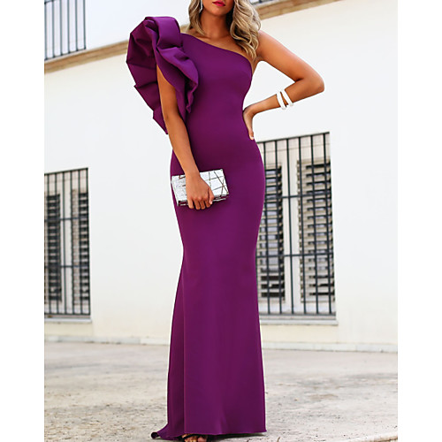 

Mermaid / Trumpet Minimalist Elegant Wedding Guest Formal Evening Dress One Shoulder Short Sleeve Floor Length Stretch Satin with Ruffles 2021