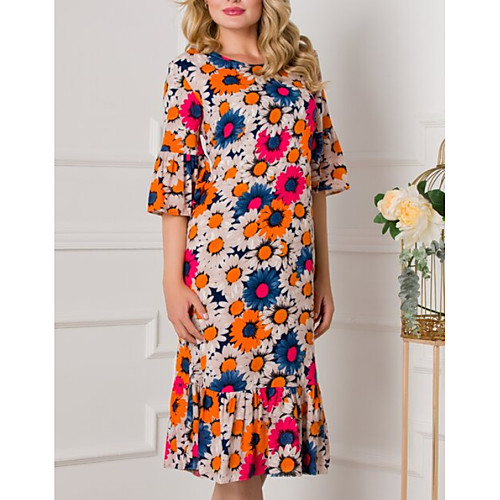 

Women's Shift Dress Knee Length Dress - 3/4 Length Sleeve Floral Print Summer Casual Daily 2020 Orange M L XL XXL XXXL