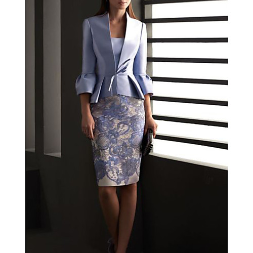 

Two Piece Sheath / Column Mother of the Bride Dress Elegant Scoop Neck Knee Length Satin 3/4 Length Sleeve with Pattern / Print 2020