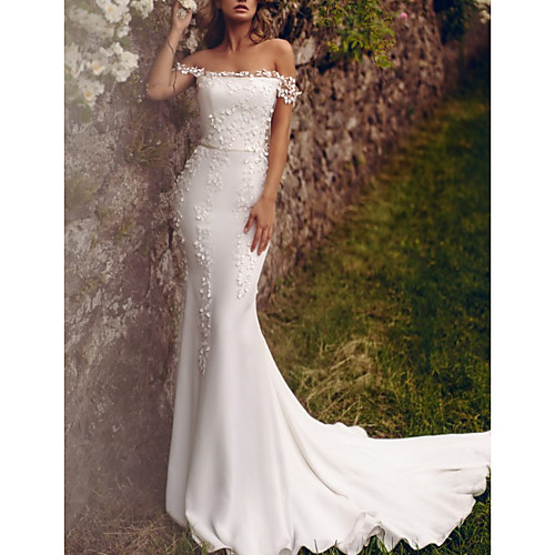 

Mermaid / Trumpet Wedding Dresses Off Shoulder Sweep / Brush Train Chiffon Over Satin Short Sleeve Country Plus Size with Appliques 2020