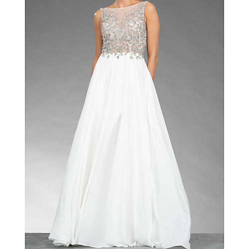 

A-Line Mother of the Bride Dress Elegant Illusion Neck Floor Length Chiffon Sleeveless with Pleats Crystals 2020