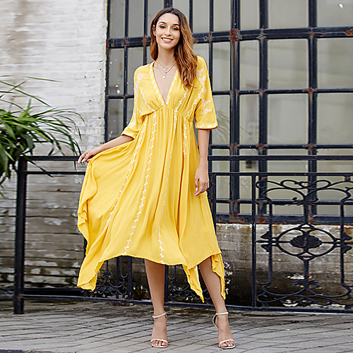 

Women's Swing Dress Maxi long Dress - Half Sleeve Geometric Summer Casual 2020 Yellow S M L XL XXL