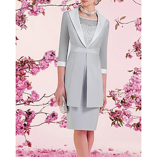 

Two Piece Sheath / Column Mother of the Bride Dress Elegant Jewel Neck Knee Length Satin 3/4 Length Sleeve with Embroidery 2020