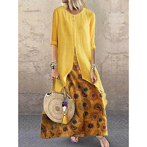 

Women's A-Line Dress Maxi long Dress - Long Sleeve Floral Summer Casual 2020 Purple Red Yellow Green Brown M L XL XXL XXXL XXXXL