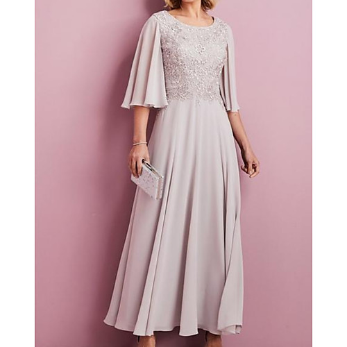 

A-Line Mother of the Bride Dress Elegant Jewel Neck Ankle Length Chiffon Lace Half Sleeve with Pleats Embroidery 2021