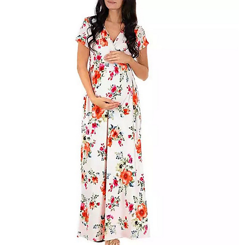 

Women's A-Line Dress Maxi long Dress - Short Sleeves Floral Summer Boho 2020 White Black S M L XL