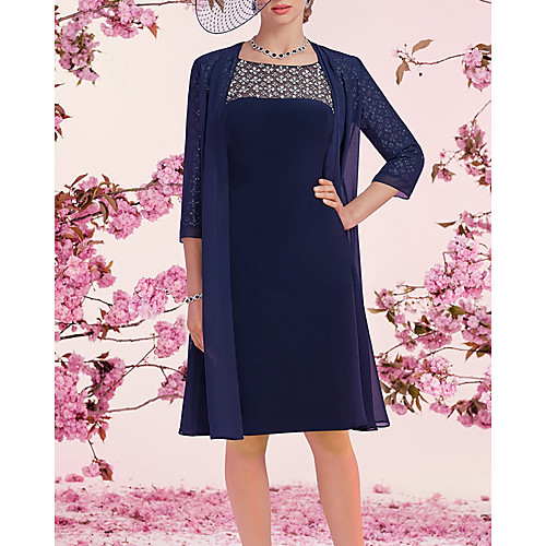 

Two Piece Sheath / Column Mother of the Bride Dress Elegant Jewel Neck Knee Length Chiffon Stretch Satin 3/4 Length Sleeve with Sequin Split Front 2020
