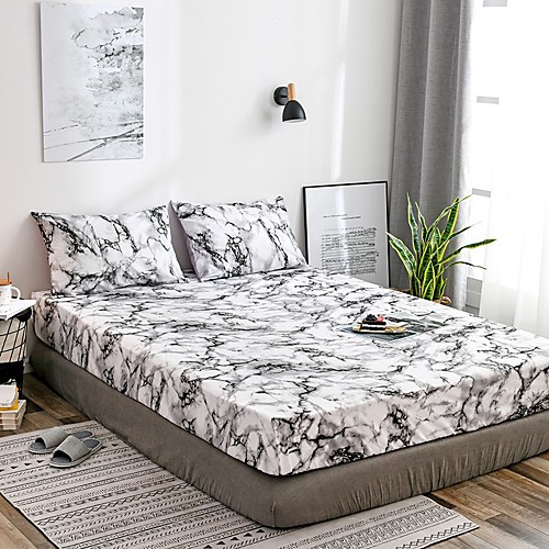 

White Marble Fitted Sheet Bedding Soft Microfiber Sheets White Marble Pattern Soft Hypo-allergenic Wrinkle Resistant Durable Deep Pocket Bedding Bottom Sheet Single/Full/Queen/King