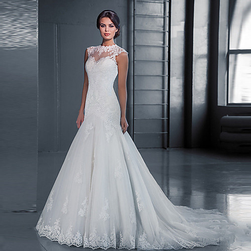 

Mermaid / Trumpet Wedding Dresses Jewel Neck Court Train Lace Tulle Sleeveless Formal with Appliques 2021