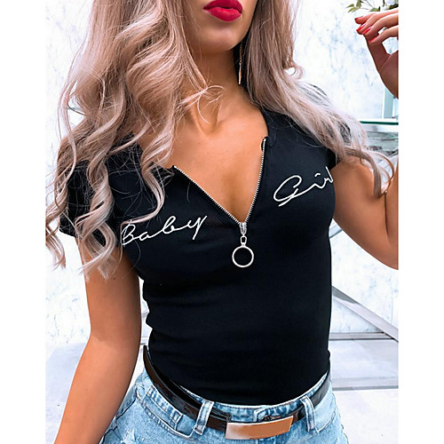 

Women's T-shirt Letter Tops V Neck Slim Daily Summer Black Beige S M L XL