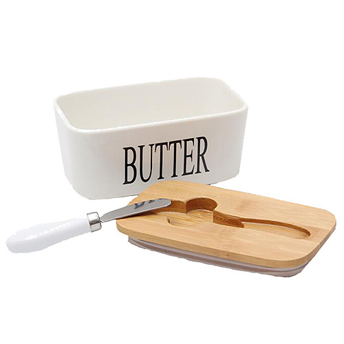 

Butter Box Nordic Ceramic Container Storage Tray Dish Cheese Food Tool Kitchen Keeper Wood Cover Sealing Plate Knife