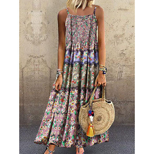 

Women's Strap Dress Midi Dress Blue Blushing Pink Green Sleeveless Floral Print Summer Round Neck Casual Cotton 2021 M L XL XXL 3XL 4XL 5XL