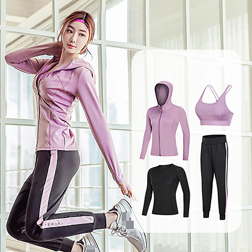 

Women's Thumbhole Side-Stripe Mesh Tracksuit Activewear Set Workout Outfits 4pcs Running Fitness Jogging Breathable Quick Dry Soft Sportswear Athletic Clothing Set Long Sleeve Activewear Stretchy