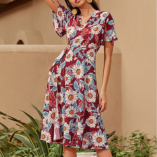 

Women's A Line Dress Knee Length Dress Red Short Sleeve Floral Summer V Neck Work 2021 S M L XL