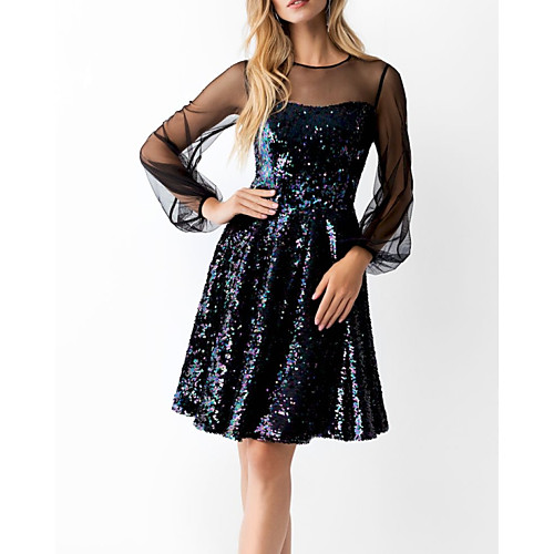

A-Line Little Black Dress Sparkle Homecoming Cocktail Party Dress Illusion Neck Long Sleeve Knee Length Sequined with Sequin 2021
