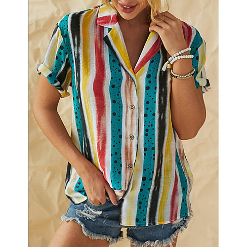 

Women's Shirt Geometric Tops Shirt Collar Daily Summer Blue Khaki M L XL 2XL 3XL