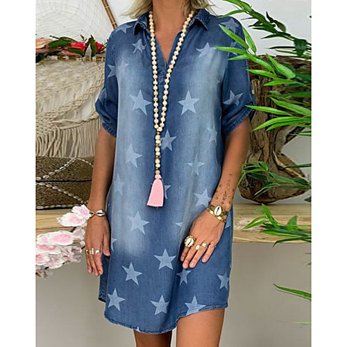 

Women's Denim Dress Short Mini Dress - Short Sleeve Star Print Summer V Neck Casual Loose 2020 Blue Light Blue S M L XL XXL XXXL