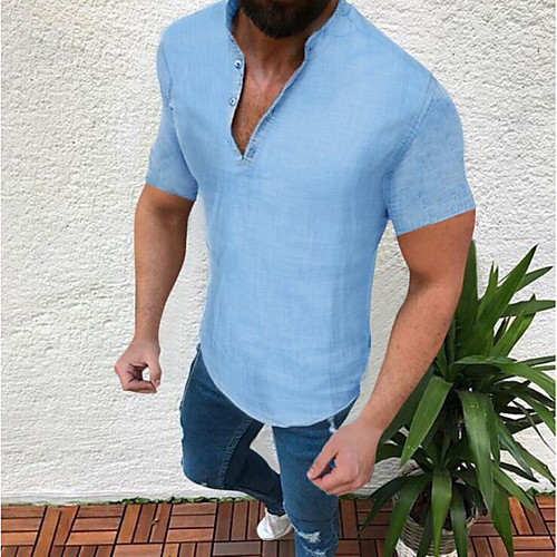 

Men's Solid Colored Shirt - Linen Daily Wear Round Neck White / Black / Gray / Light Blue / Short Sleeve