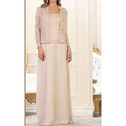 

Two Piece Sheath / Column Mother of the Bride Dress Elegant Square Neck Floor Length Chiffon Lace Long Sleeve with Appliques 2020