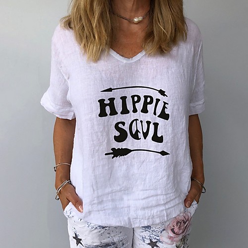 

Women's T-shirt Letter Tops V Neck Daily Summer White Yellow Navy Blue Gray Light Blue S M L XL 2XL 3XL