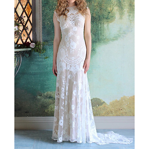 

Mermaid / Trumpet Wedding Dresses Jewel Neck Sweep / Brush Train Lace Cap Sleeve Country with Lace 2020