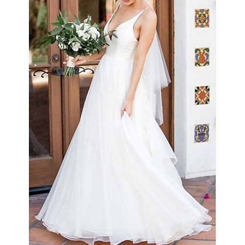 

A-Line Wedding Dresses V Neck Sweep / Brush Train Organza Satin Sleeveless Simple Backless with 2021