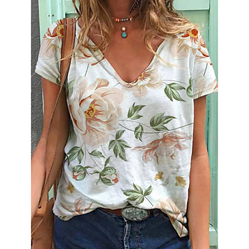 

Women's T-shirt Floral Flower Printing Print V Neck Tops Basic Top White