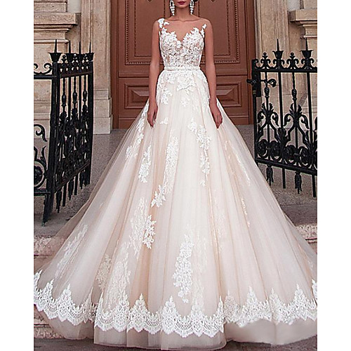 

A-Line Wedding Dresses Jewel Neck Sweep / Brush Train Lace Tulle Sleeveless Formal Sexy See-Through with Sashes / Ribbons Beading Embroidery 2020