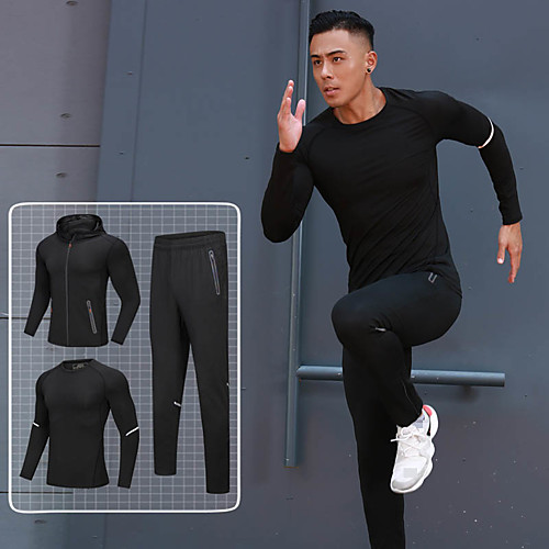 

Men's Pocket Drawstring Tracksuit Activewear Set Workout Outfits 3pcs Running Active Training Jogging Reflective Breathable Quick Dry Sportswear Athletic Clothing Set Long Sleeve Activewear Stretchy