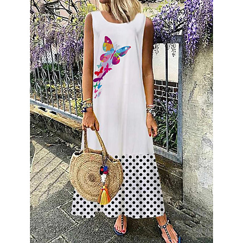 

Women's A-Line Dress Maxi long Dress - Sleeveless Polka Dot Butterfly Summer Casual Boho Daily Holiday Vacation 2020 White M L XL XXL XXXL