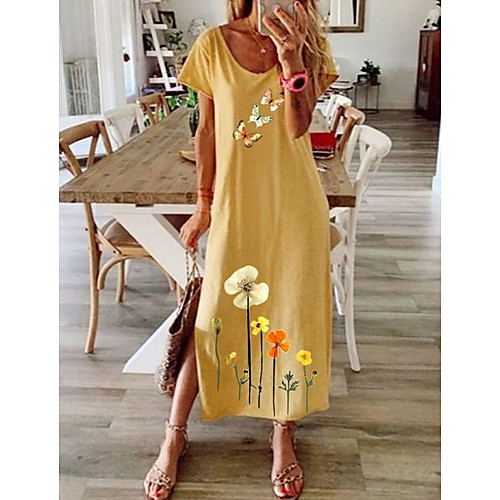 

Women's Shift Dress Maxi long Dress - Short Sleeves Floral Summer Casual 2020 Blue Purple Yellow Gray S M L XL XXL XXXL