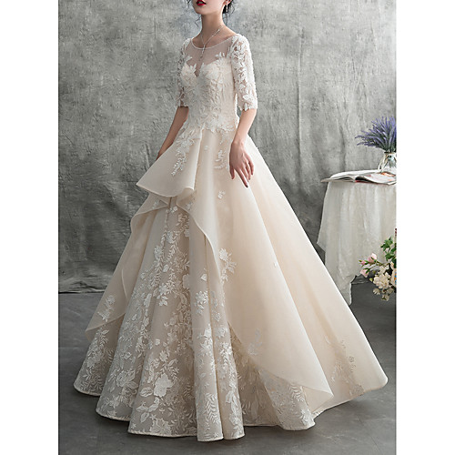 

A-Line Wedding Dresses Jewel Neck Floor Length Lace Tulle Half Sleeve Formal Elegant with Ruffles Appliques 2020