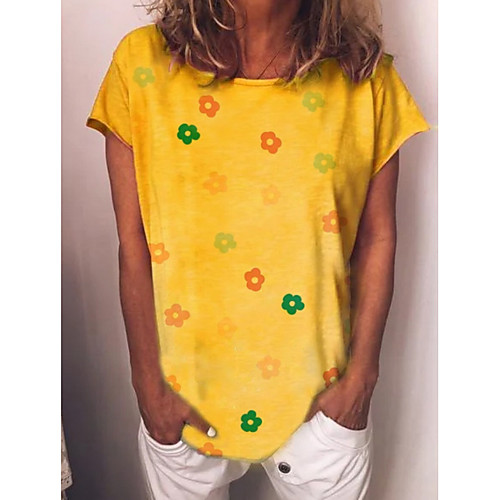 

Women's T shirt Floral Flower Round Neck Tops Basic Top Blue Yellow